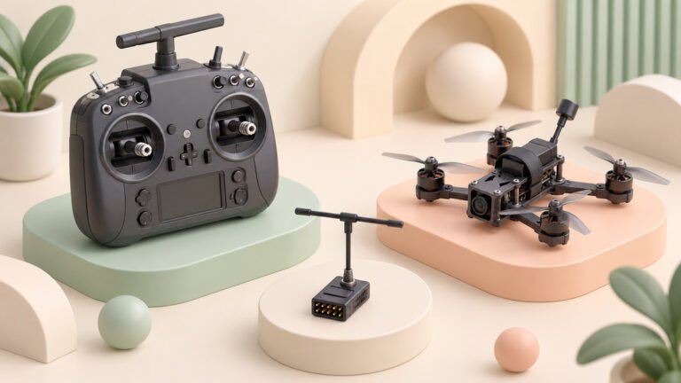 Illustration of an ExpressLRS radio link between transmitter and FPV drones