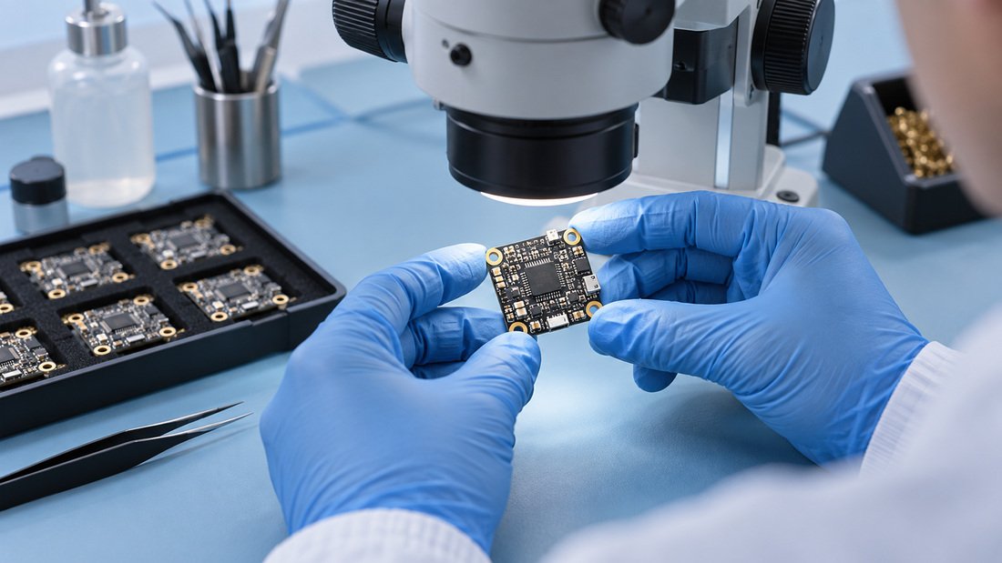 FPV electronics board being visually inspected
